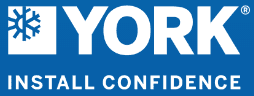 A blue and white logo for york.