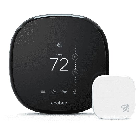 A black smart thermostat next to a white device.